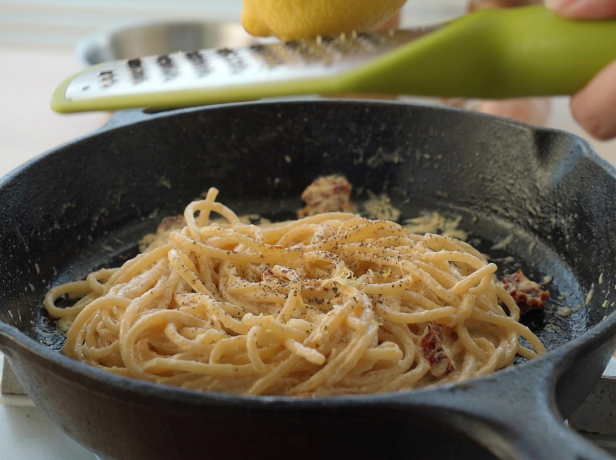 Grattugiare la scorza gialla di un limone sopra la pasta usando una grattugia di precisione.