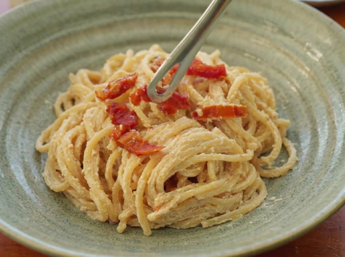Pinze dargento che adagiano pezzi di pomodoro secco sugli spaghetti in una ciotola rustica.