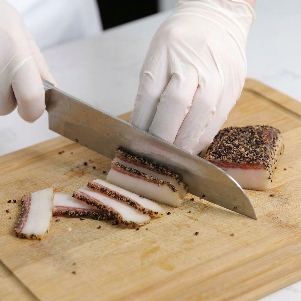 Mani che utilizzano un coltello da chef per tagliare il guanciale pepato a strisce spesse su un tagliere di legno.