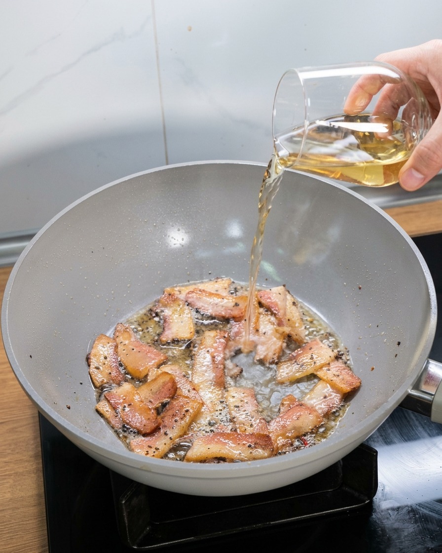 Una mano che versa del vino bianco da un bicchiere direttamente in una padella calda con il guanciale rosolato.