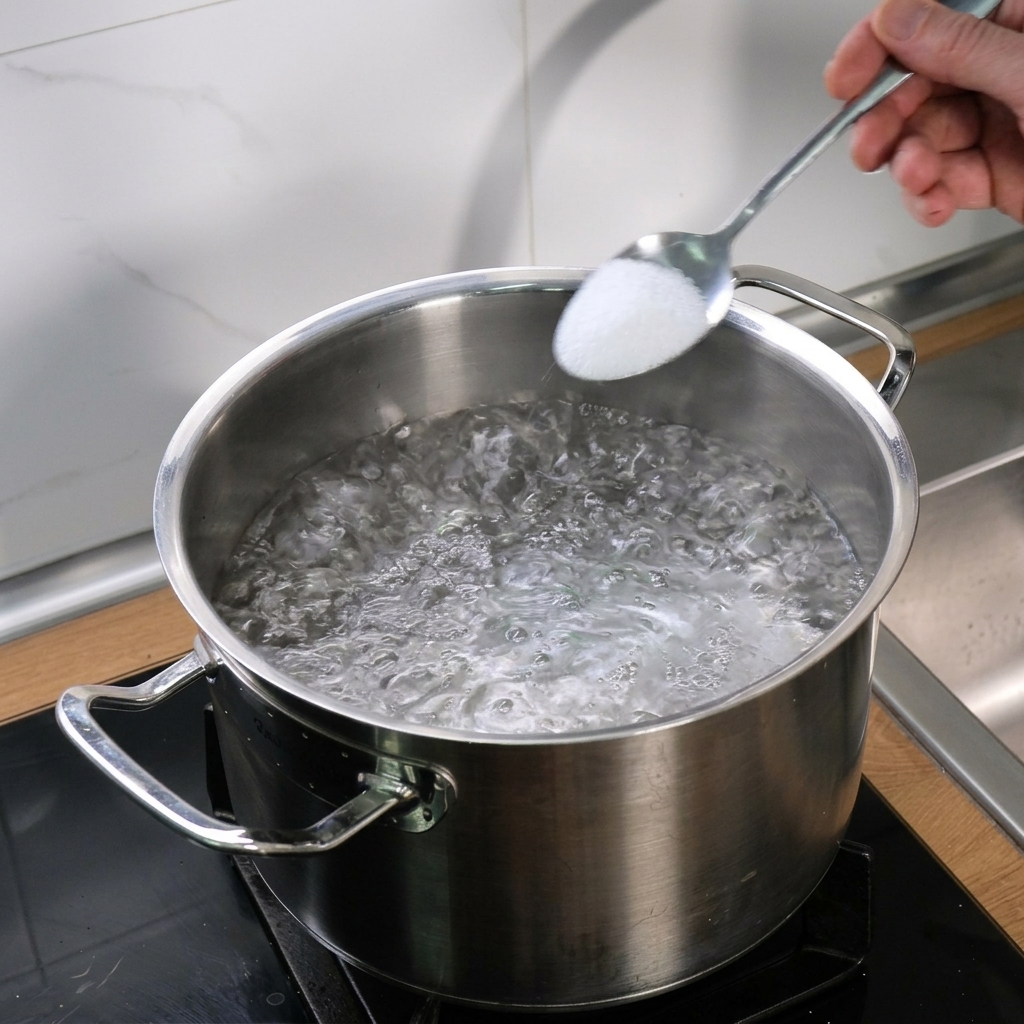 Una mano che versa del sale da un cucchiaio in una pentola di acciaio con acqua che bolle vigorosamente.