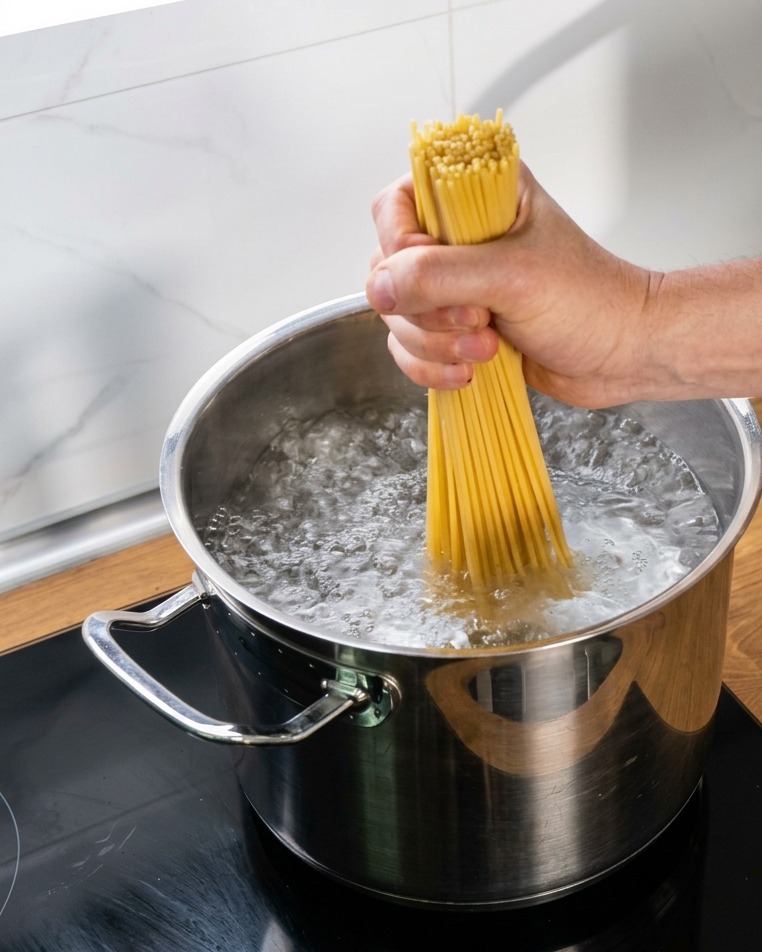 Una mano che immerge verticalmente i bucatini secchi in una pentola di acqua bollente.