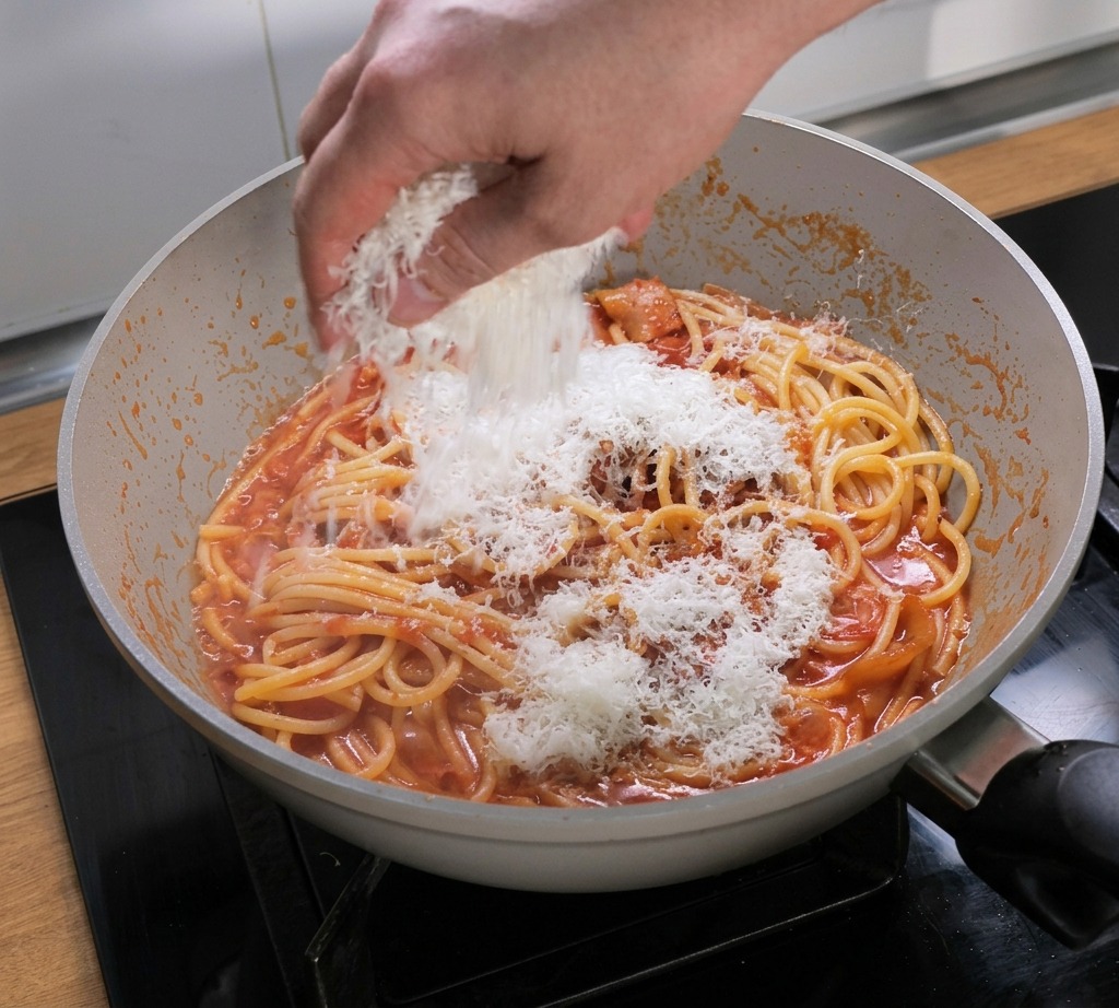 Una mano che spolvera Pecorino grattugiato sopra la pasta condita con il sugo rosso in padella.