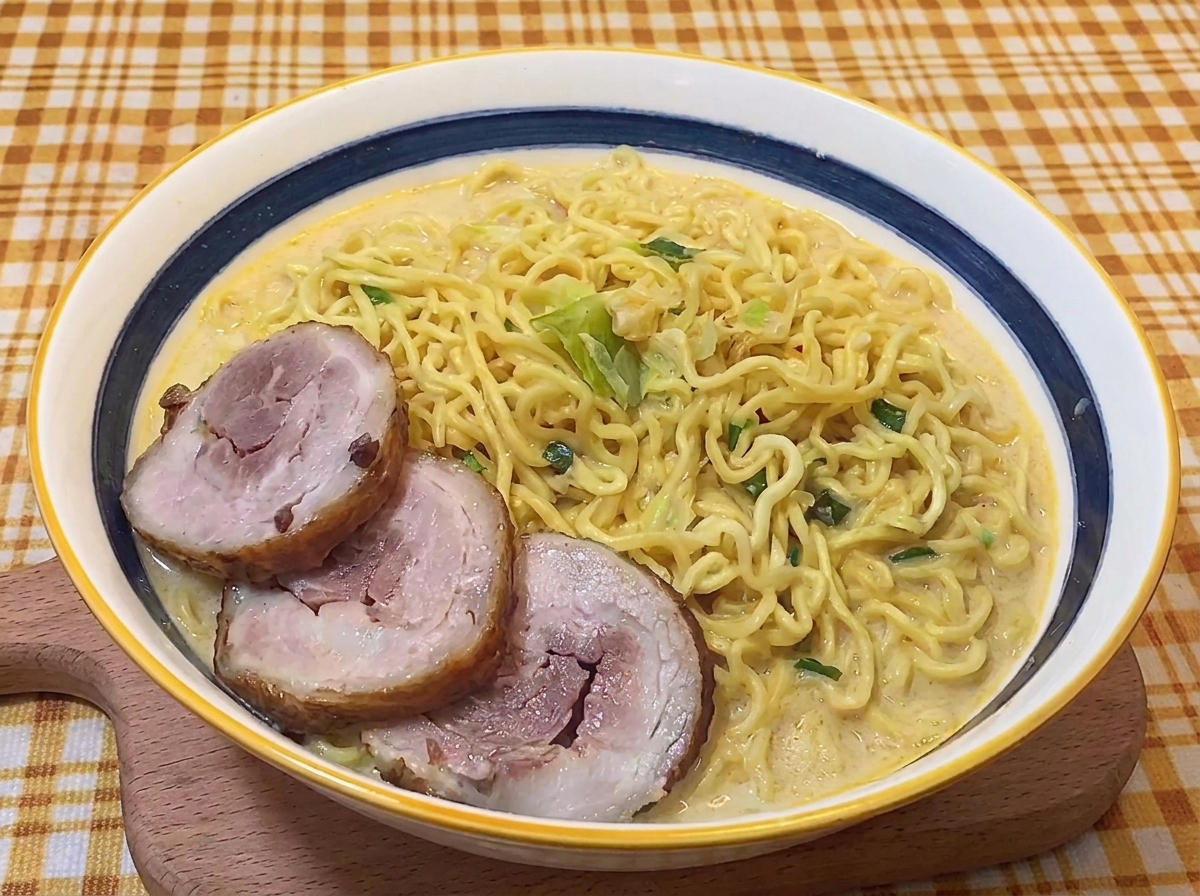 Tre fette di chashu di maiale brasato adagiate sui noodles nel brodo cremoso.