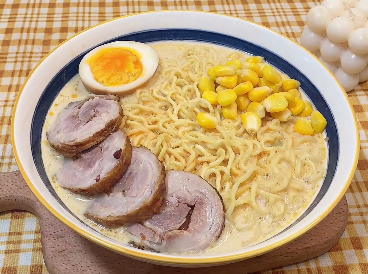 Una ciotola di ramen guarnita con fette di chashu, mais giallo brillante e mezzo uovo sodo dal cuore tenero.