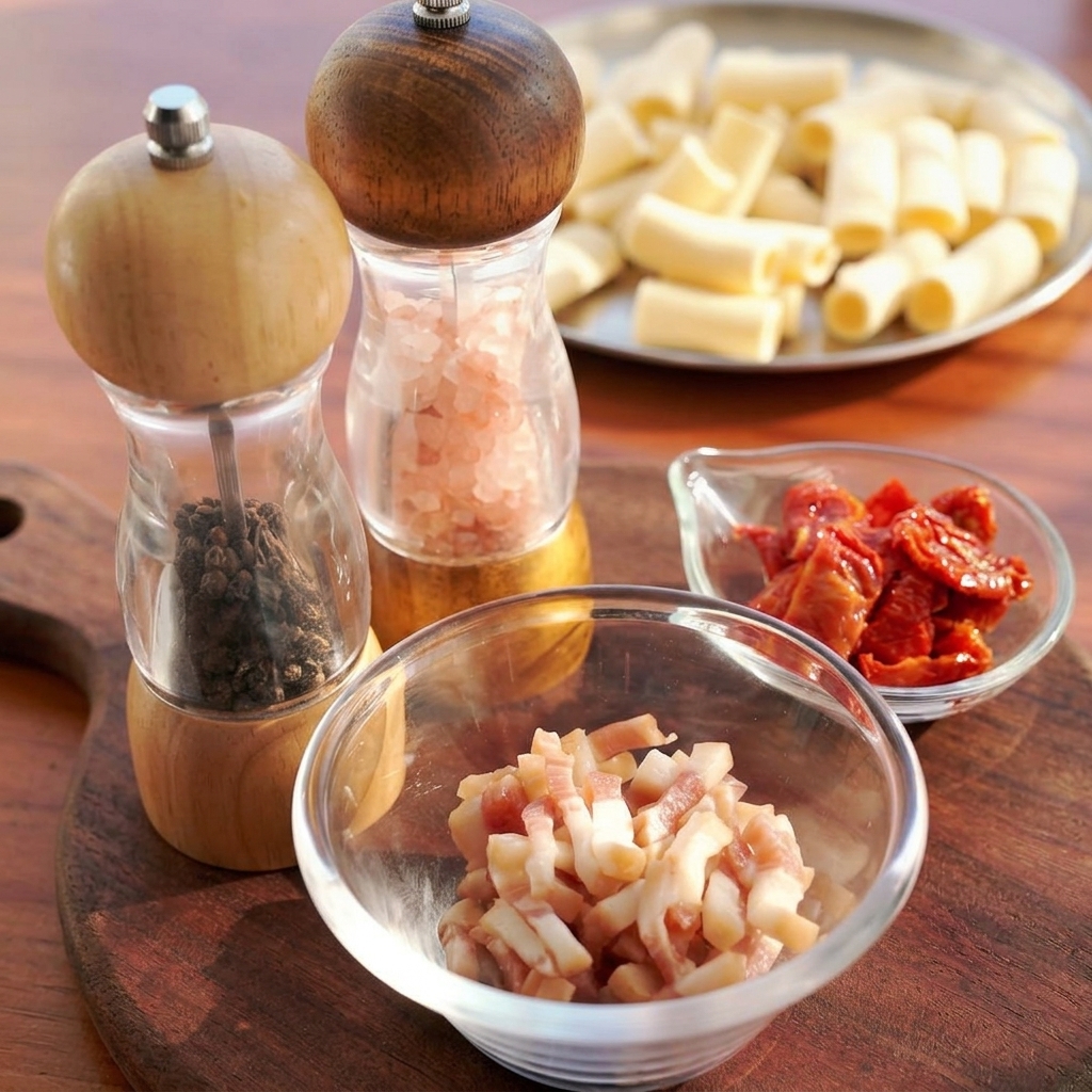 Ciotola di vetro con guanciale a cubetti crudo su un tagliere di legno, accanto a pasta e pomodori secchi.