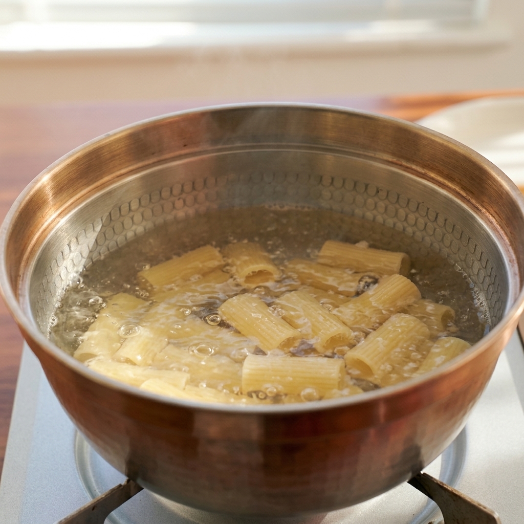 Rigatoni che bollono vivacemente in una pentola dacciaio sul fuoco.