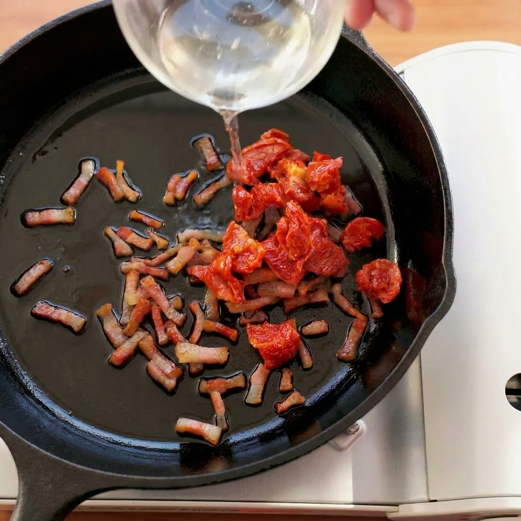 Pomodori secchi e guanciale croccante in cottura in una padella in ghisa.