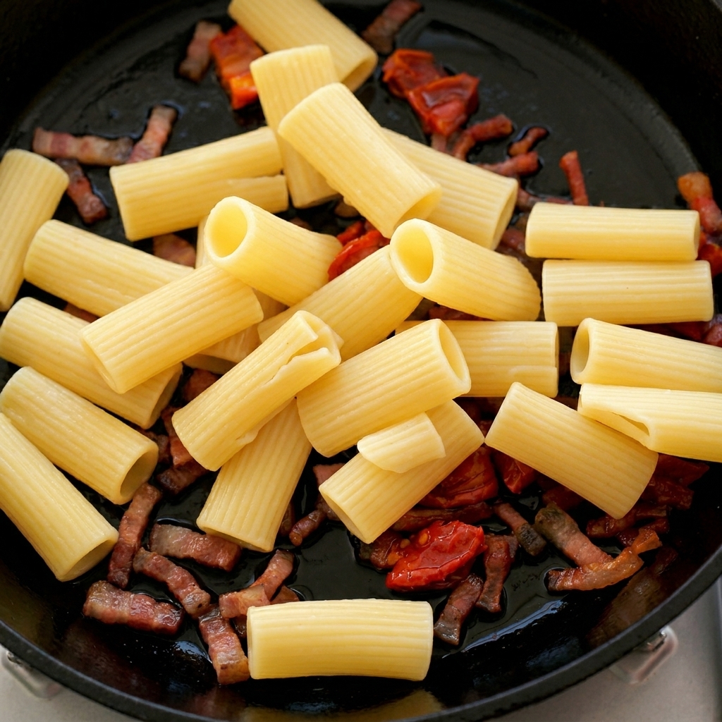 Rigatoni appena scolati aggiunti alla padella con guanciale dorato e pomodori secchi.