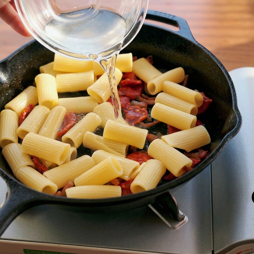 Versare lacqua di cottura della pasta, ricca di amido, sui rigatoni conditi in padella.