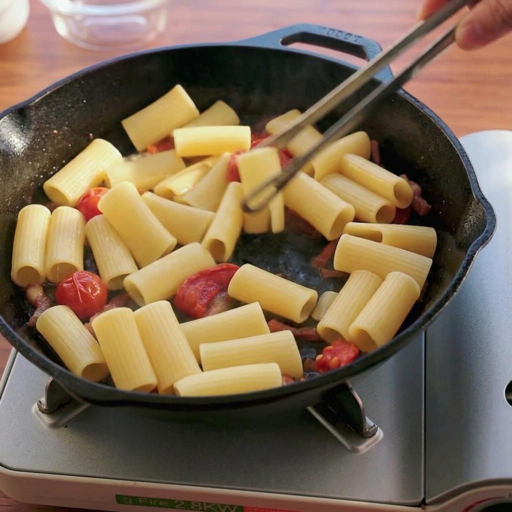 Pinze che mescolano i rigatoni con pomodori secchi e guanciale in una padella scura.
