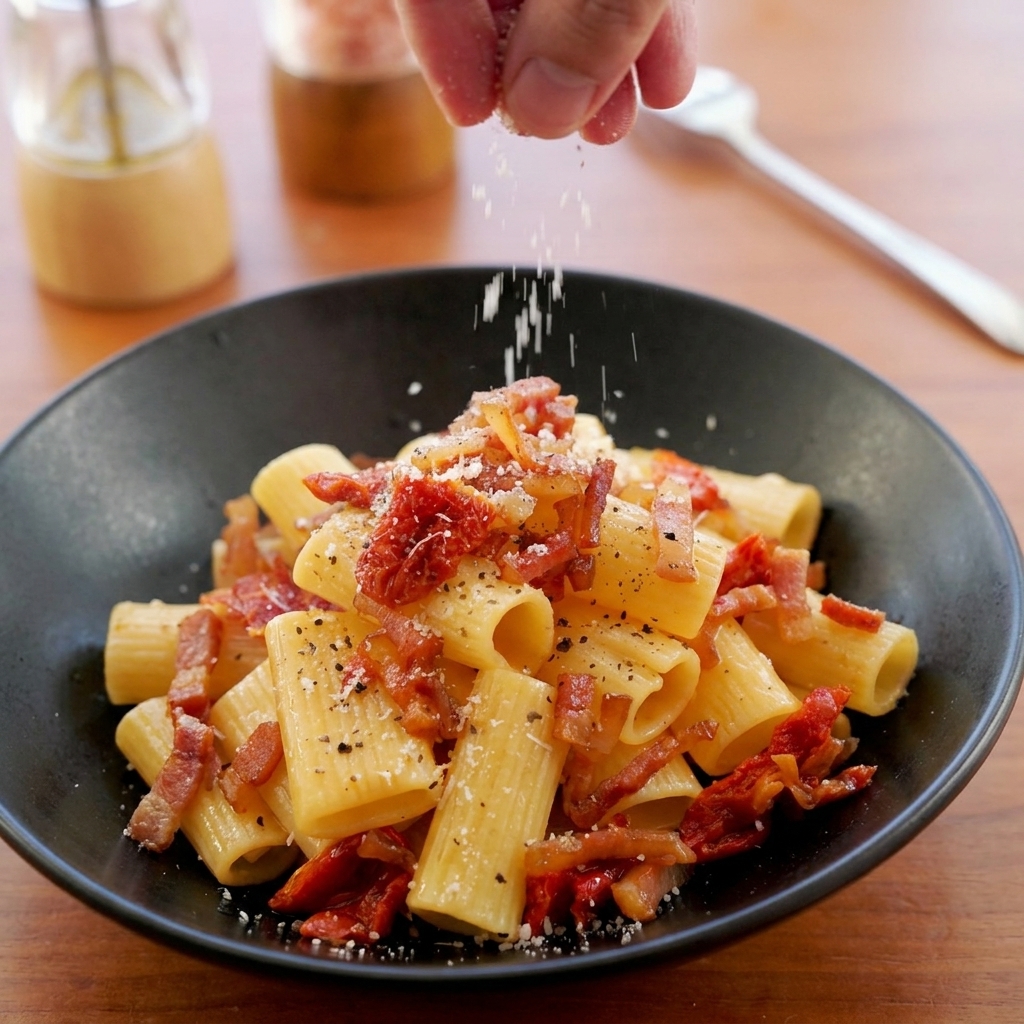 Mano che spolverizza formaggio grattugiato su un piatto di rigatoni al guanciale e pomodori secchi.