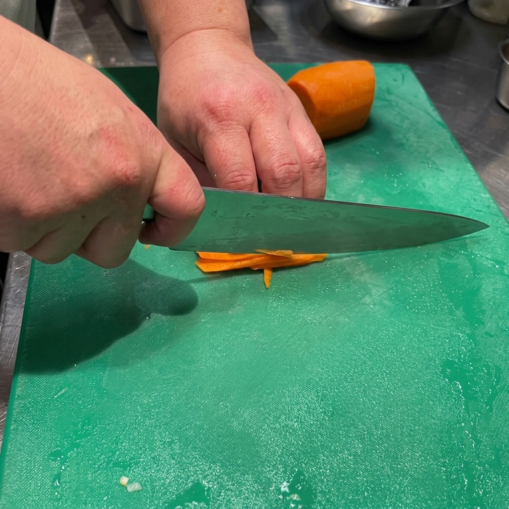 Mani di uno chef che usano un grosso coltello per tritare finemente delle carote su un tagliere verde.