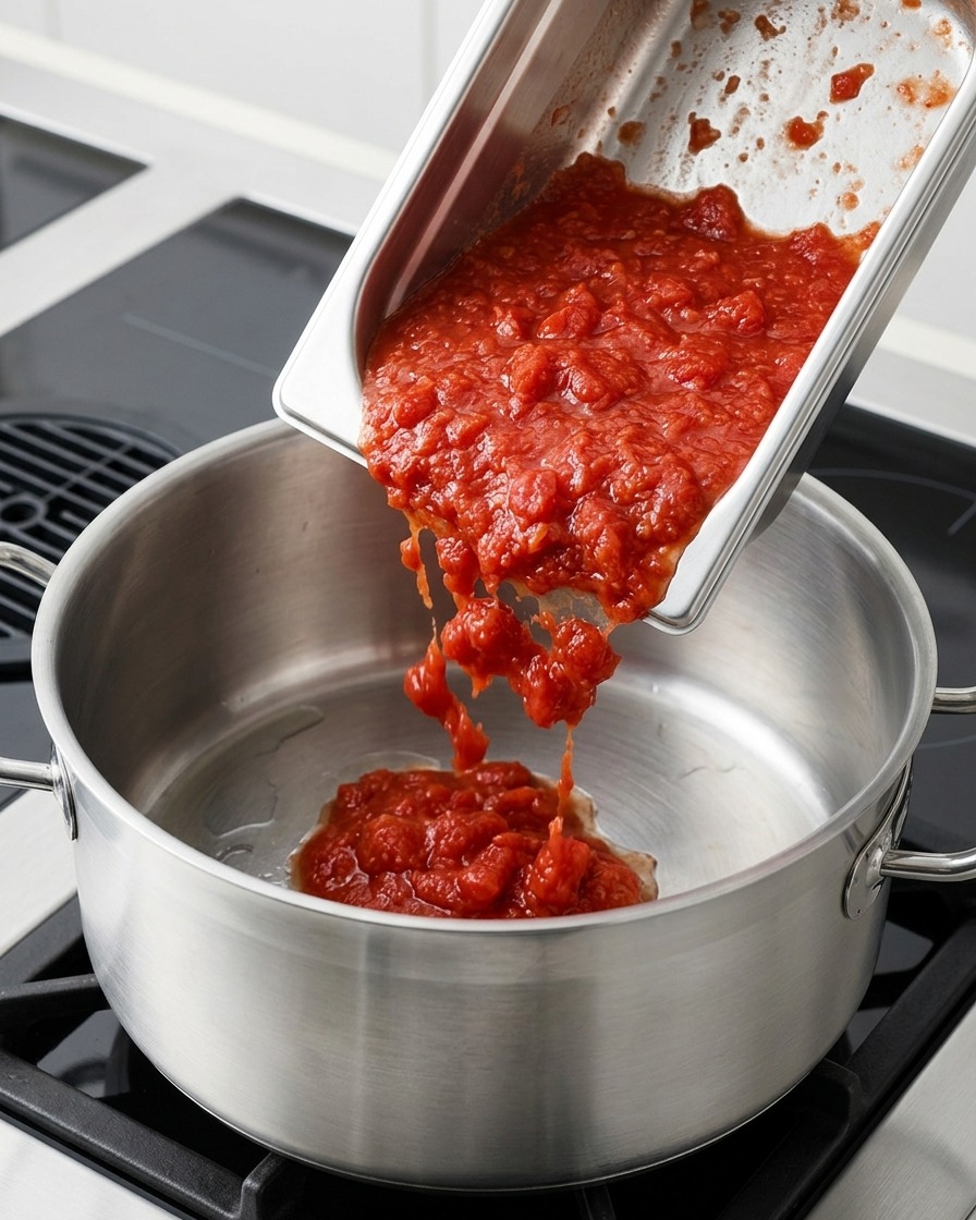 Passata di pomodoro rosso vivo versata da un contenitore metallico in una pentola di acciaio inossidabile sui fornelli.