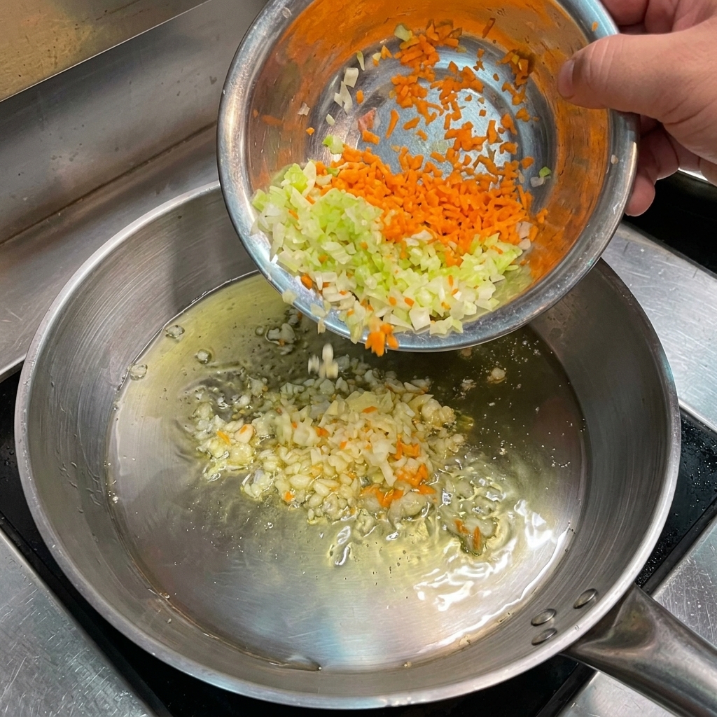 Verdure finemente tritate versate da una ciotolina in una padella calda con aglio sfrigolante.