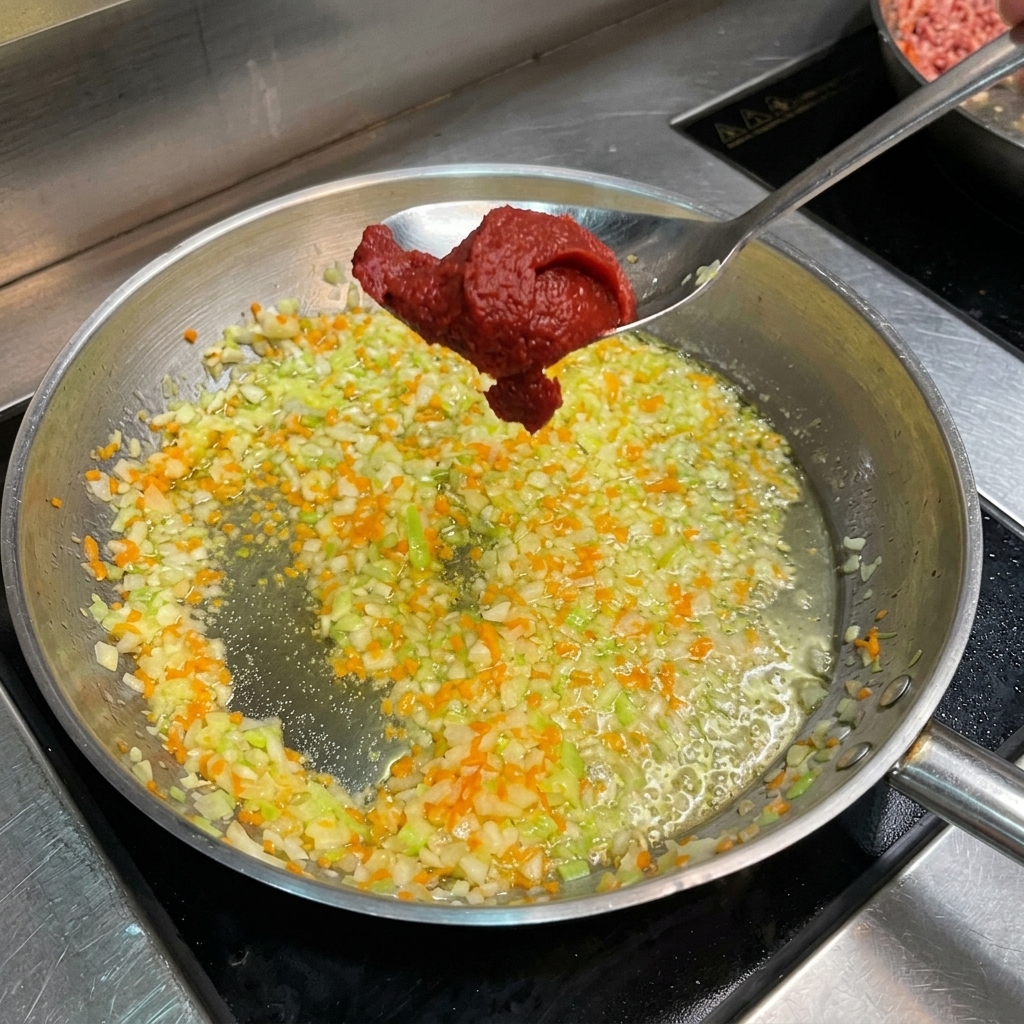 Un cucchiaio di concentrato di pomodoro denso tenuto sopra una padella di verdure tritate sfrigolanti.