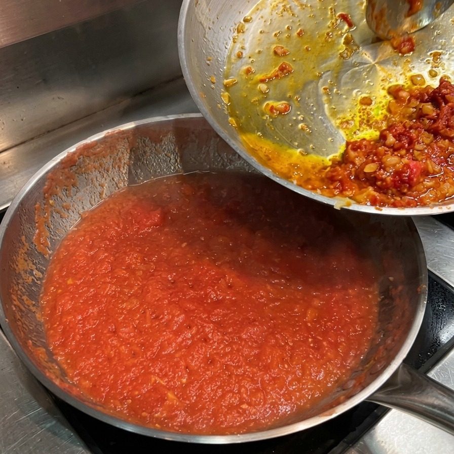 Trasferimento del soffritto di verdure da una padella a una pentola grande di passata di pomodoro in ebollizione.