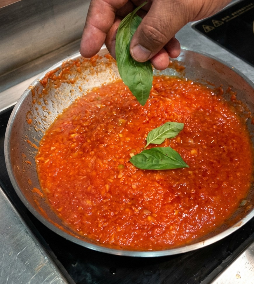 Una mano che lascia cadere foglie di basilico verde brillante in unampia padella di sugo di pomodoro.