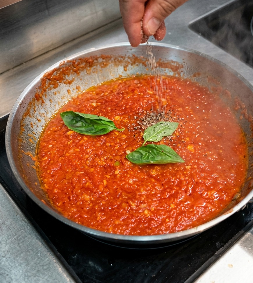 Una mano che sparge sale e pepe nero dallalto su un sugo di pomodoro in ebollizione guarnito con foglie di basilico.