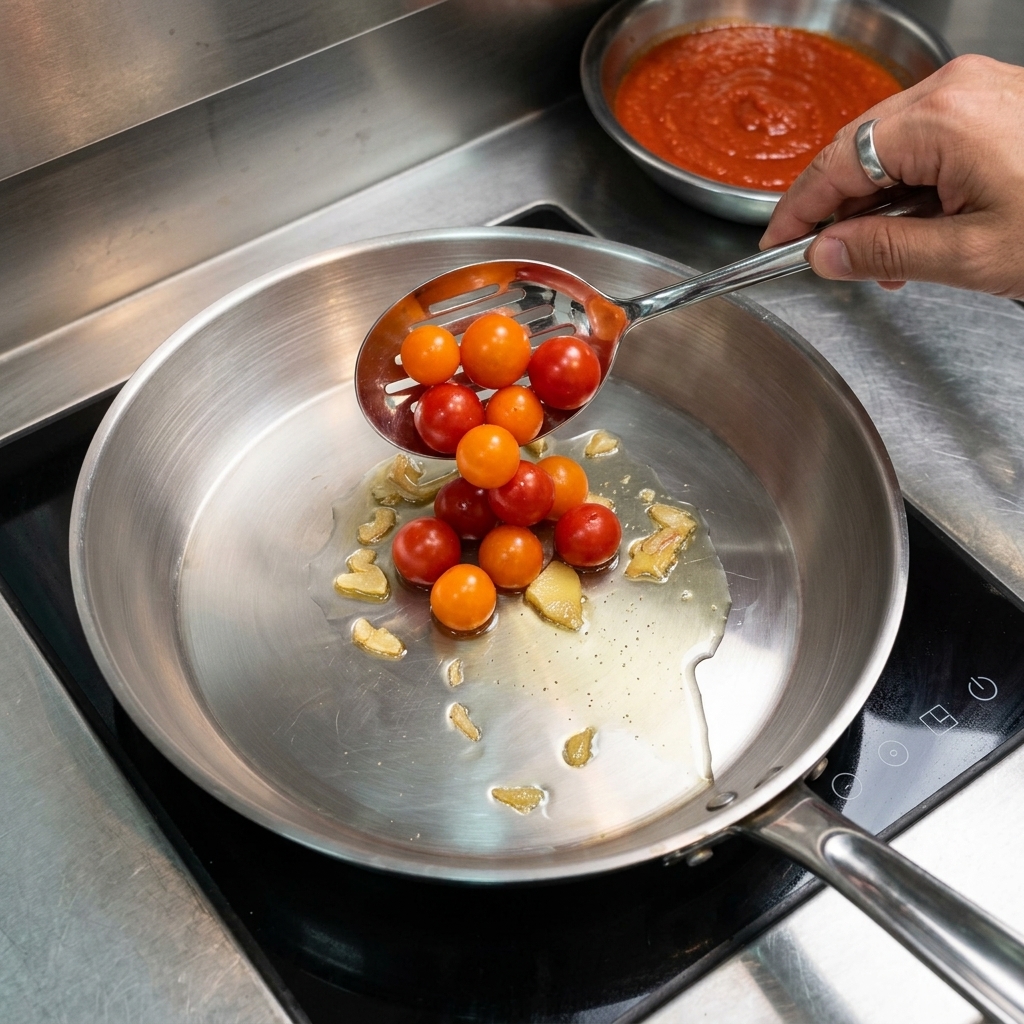 Un cucchiaio forato che lascia cadere pomodorini rossi e arancioni in unampia padella di acciaio con olio caldo.
