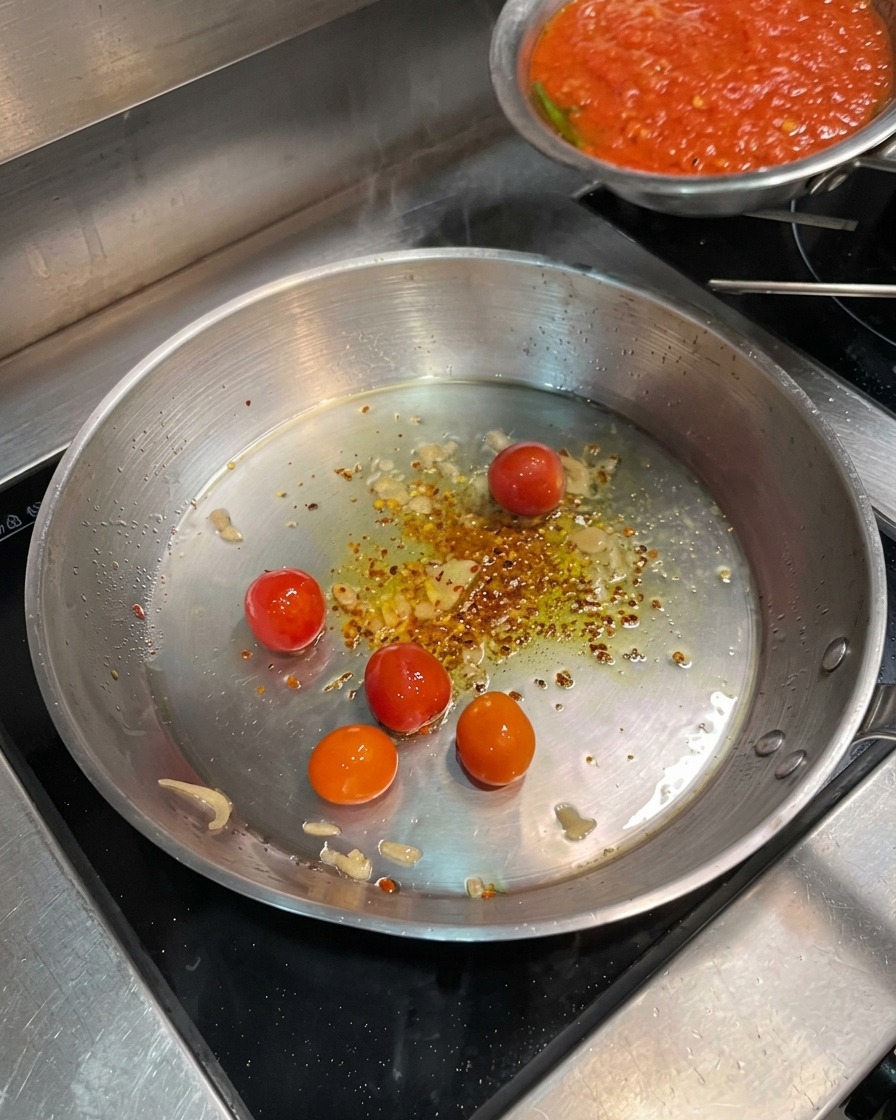Versare del sugo di pomodoro rosso vivo da una ciotola più piccola in una padella contenente pomodorini cotti e fiocchi di peperoncino.