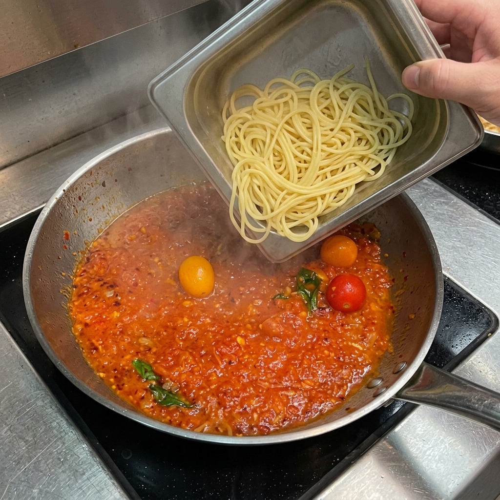 Spaghetti cotti aggiunti da un contenitore di metallo quadrato in una padella di sugo di pomodoro rosso che bolle.