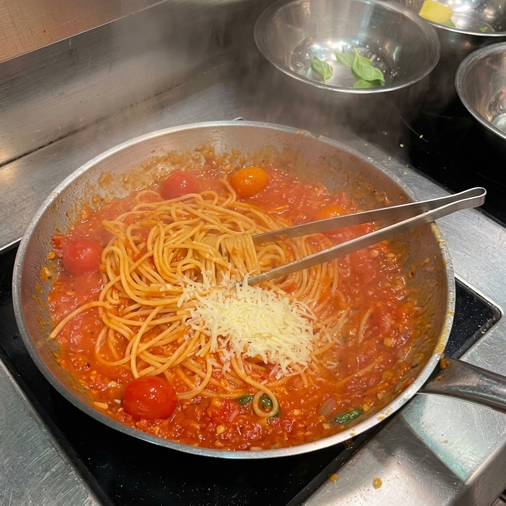 Spaghetti al sugo di pomodoro conditi con parmigiano grattugiato e una noce di burro.