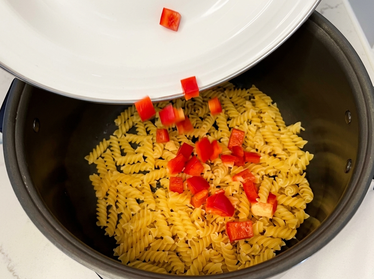Peperoni rossi a cubetti che cadono su una base di fusilli secchi nel cuociriso.