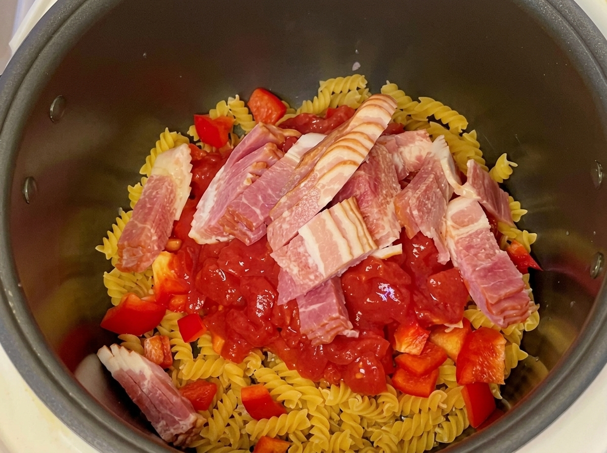 Fette di pancetta cruda appoggiate sopra i pomodori e la pasta nel cuociriso.