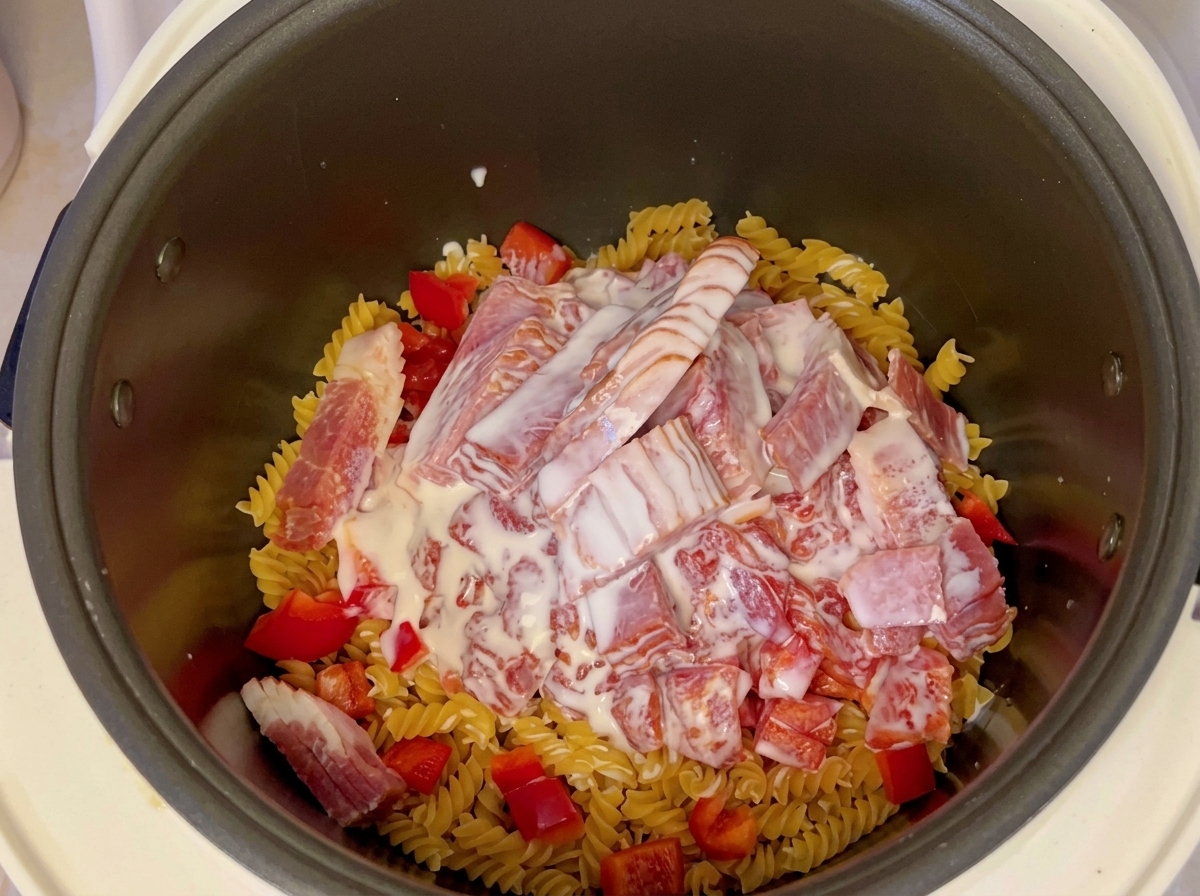 Latte versato sopra la pancetta e i pomodori allinterno del cuociriso.
