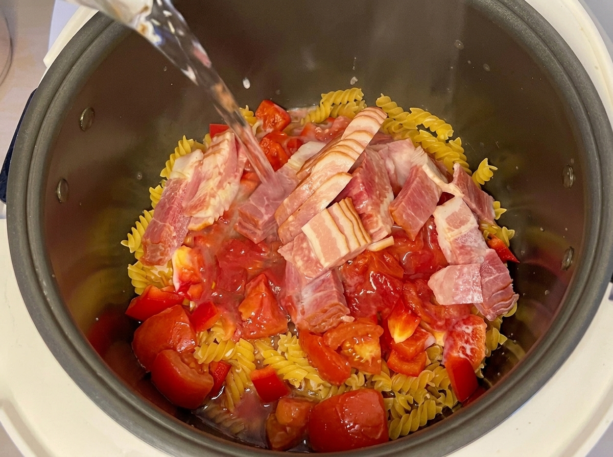 Acqua calda versata nel cuociriso che contiene pasta, pomodoro, pancetta e latte.