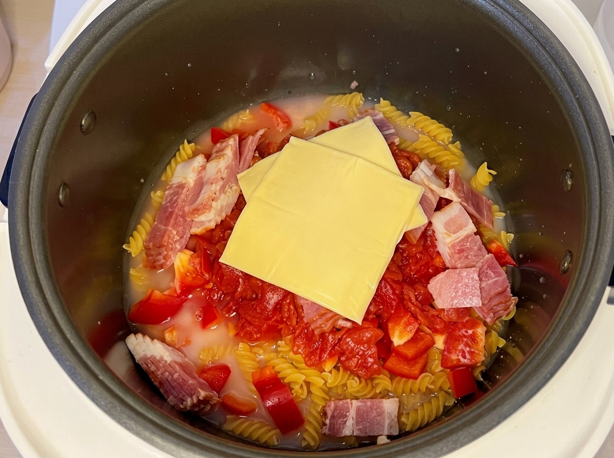 Due fette di formaggio fuso sopra gli ingredienti crudi nel cuociriso pieno di liquido.