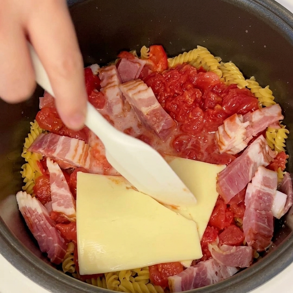 Una mano che usa una spatola per mescolare pasta, pancetta e formaggio nel cuociriso.
