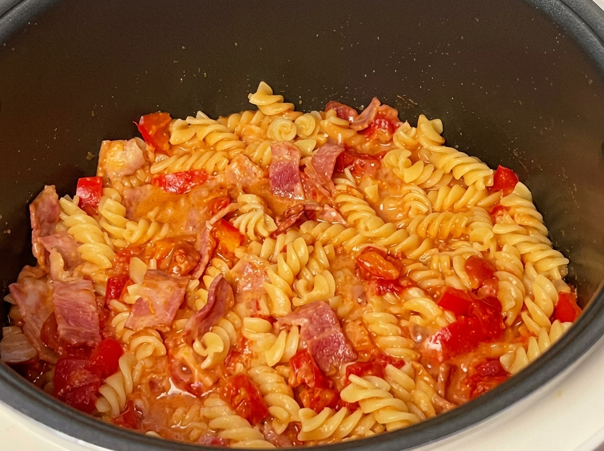 Fusilli cotti in una ricca salsa di pomodoro con pezzi di pancetta nel cuociriso.