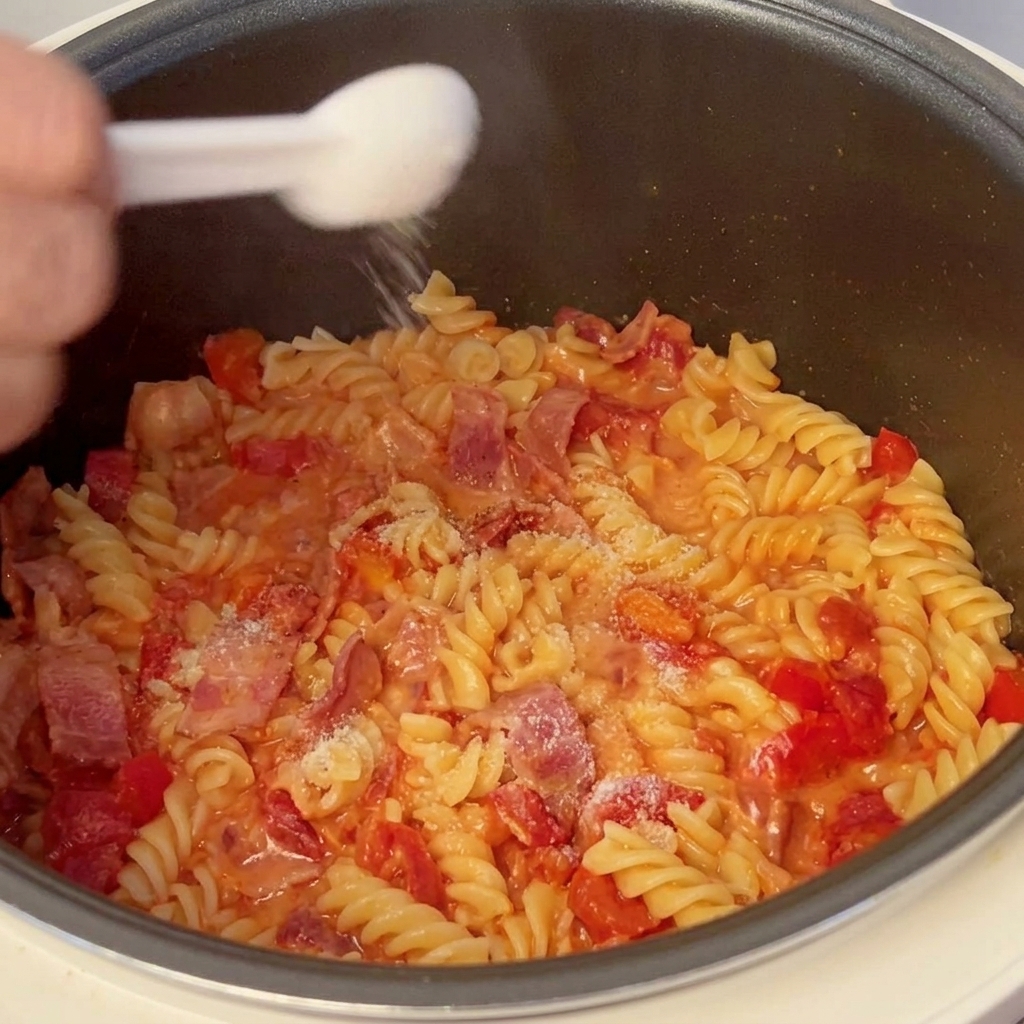 Una mano che aggiunge un pizzico di sale alla pasta appena cotta nel cuociriso.