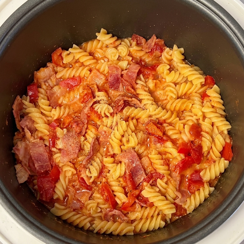 Pasta corta al pomodoro con una spolverata di pepe nero in superficie.