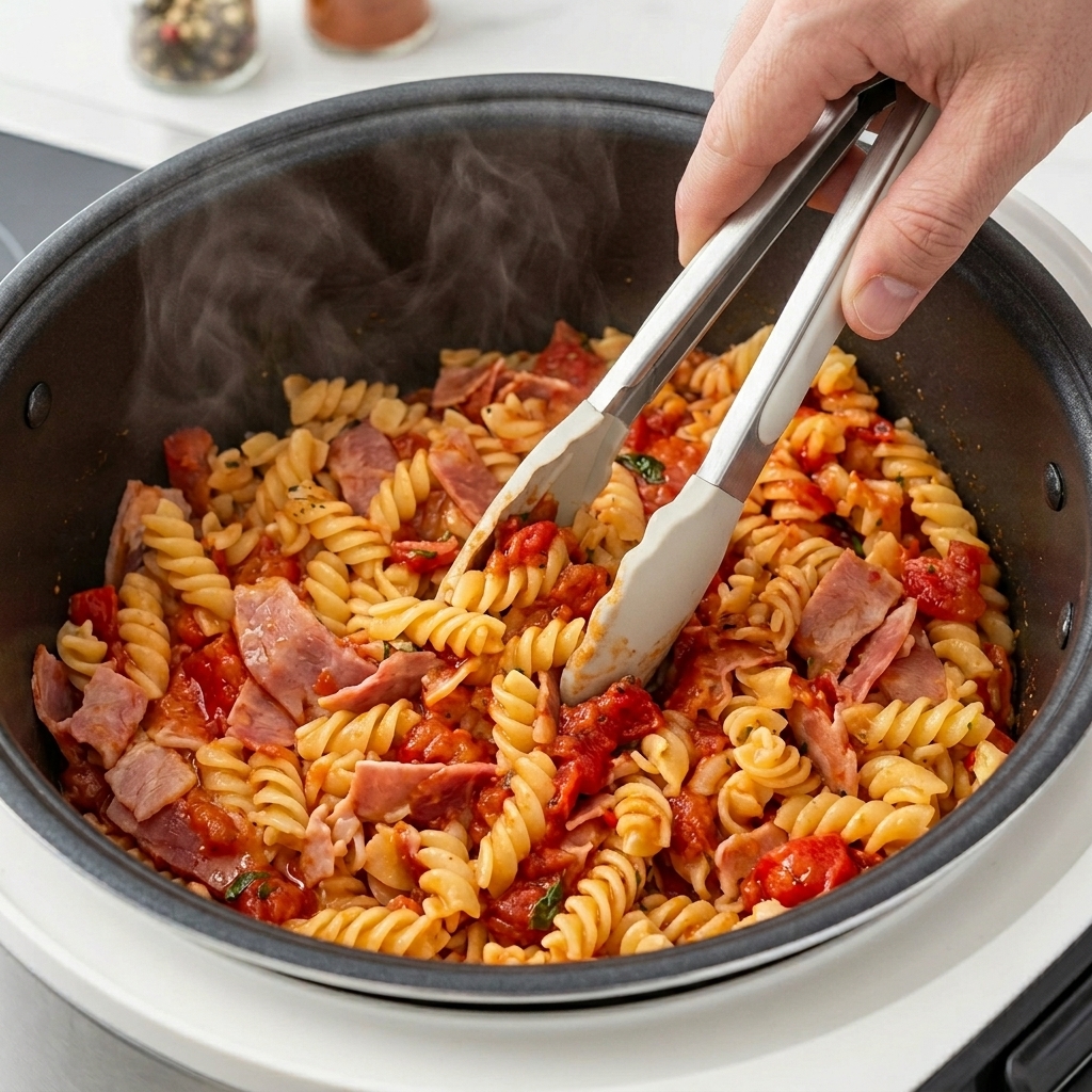 Mani che usano pinze per mescolare energicamente la pasta fumante nel contenitore del cuociriso.