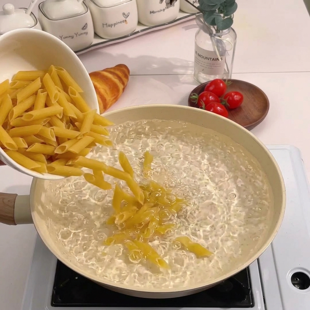 Versare le penne secche da una ciotola bianca in una pentola con acqua bollente.