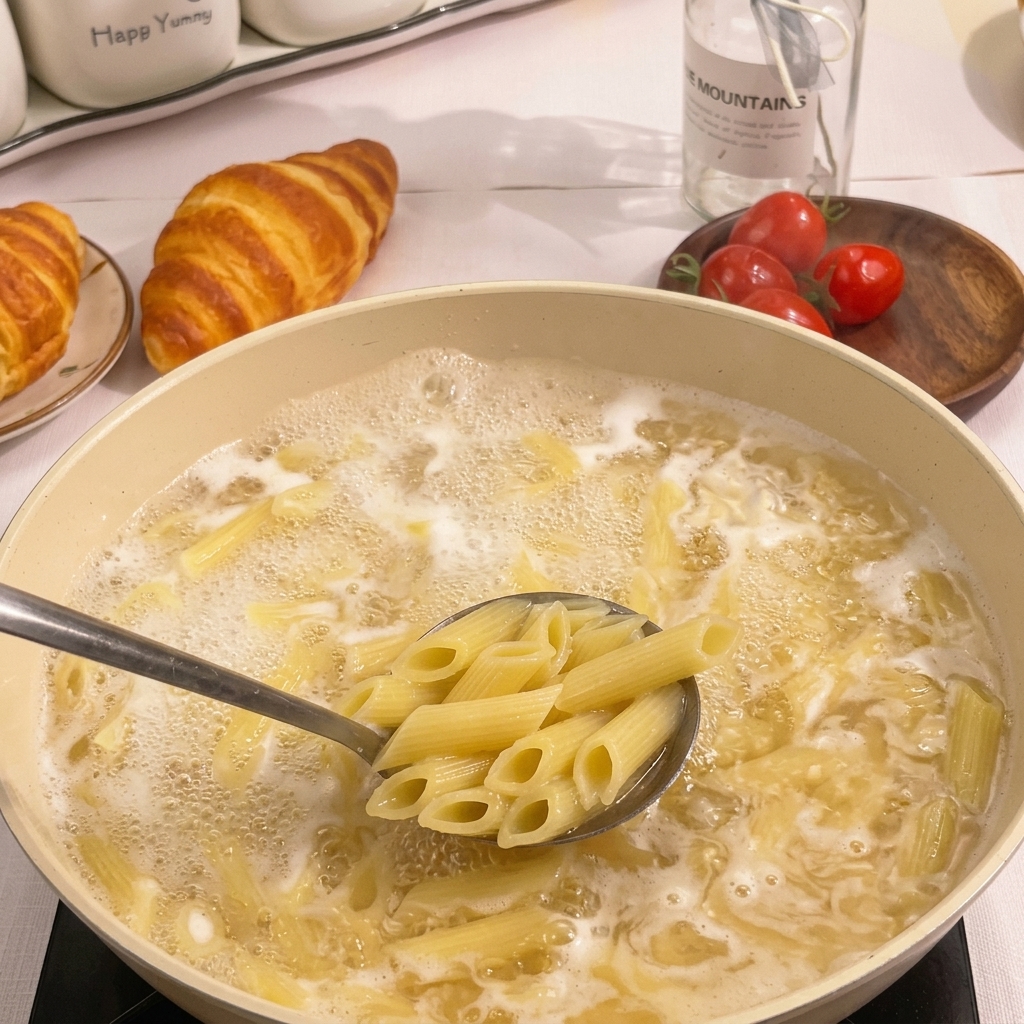 Una schiumarola di metallo che preleva le penne cotte da una pentola dacqua bollente.