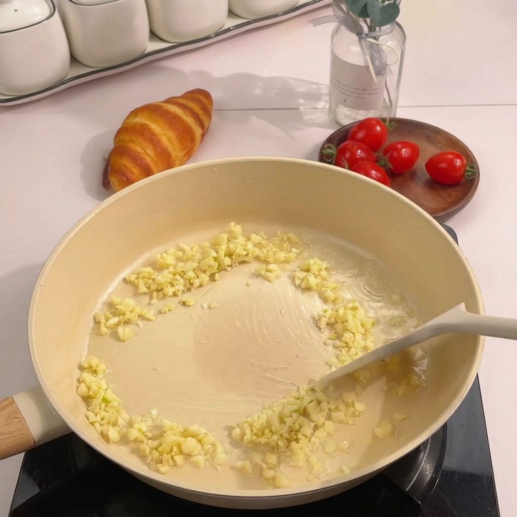 Aglio tritato rosolato in un leggero strato dolio in una padella antiaderente beige.