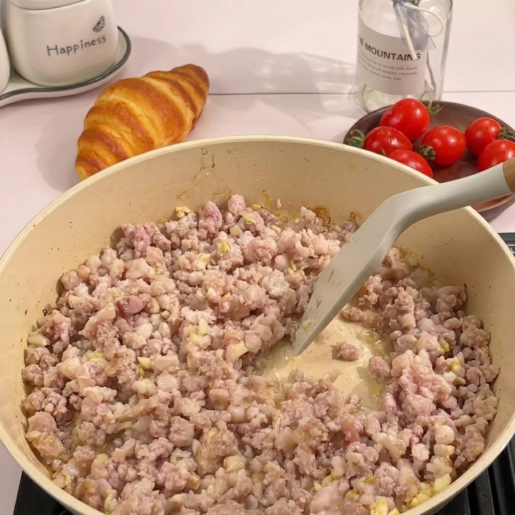 Carne di maiale macinata saltata e sgranata con una spatola di silicone in una padella calda.