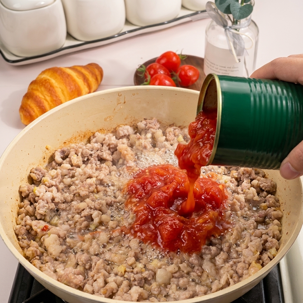 Versare un barattolo di polpa di pomodoro rossa e ricca in una padella con la carne rosolata.
