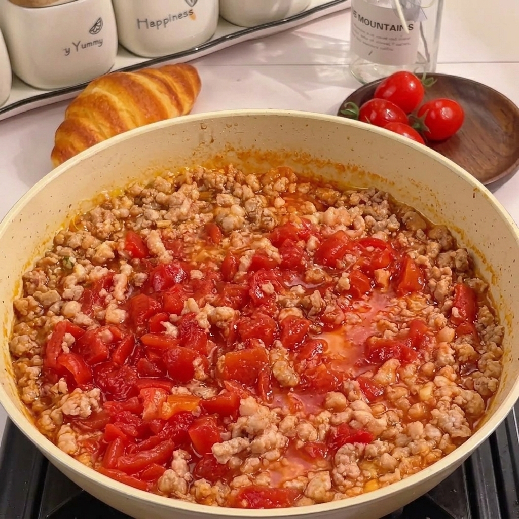 Un denso sugo rosso di pomodori a cubetti e carne macinata che sobbolle in una padella.