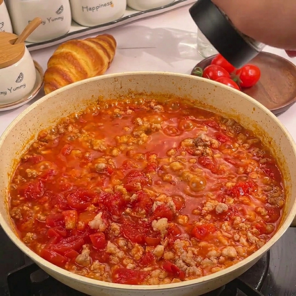 Una mano che utilizza un macinino nero per spolverare pepe sopra un sugo di pomodoro e carne che sobbolle in una padella bianca.