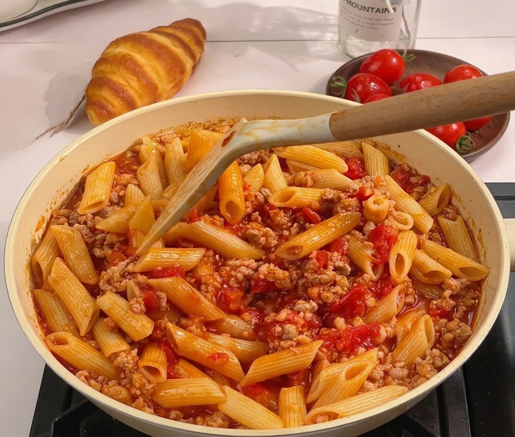 Una spatola che mescola le penne cotte in un sugo rosso di pomodoro e carne in unampia padella.