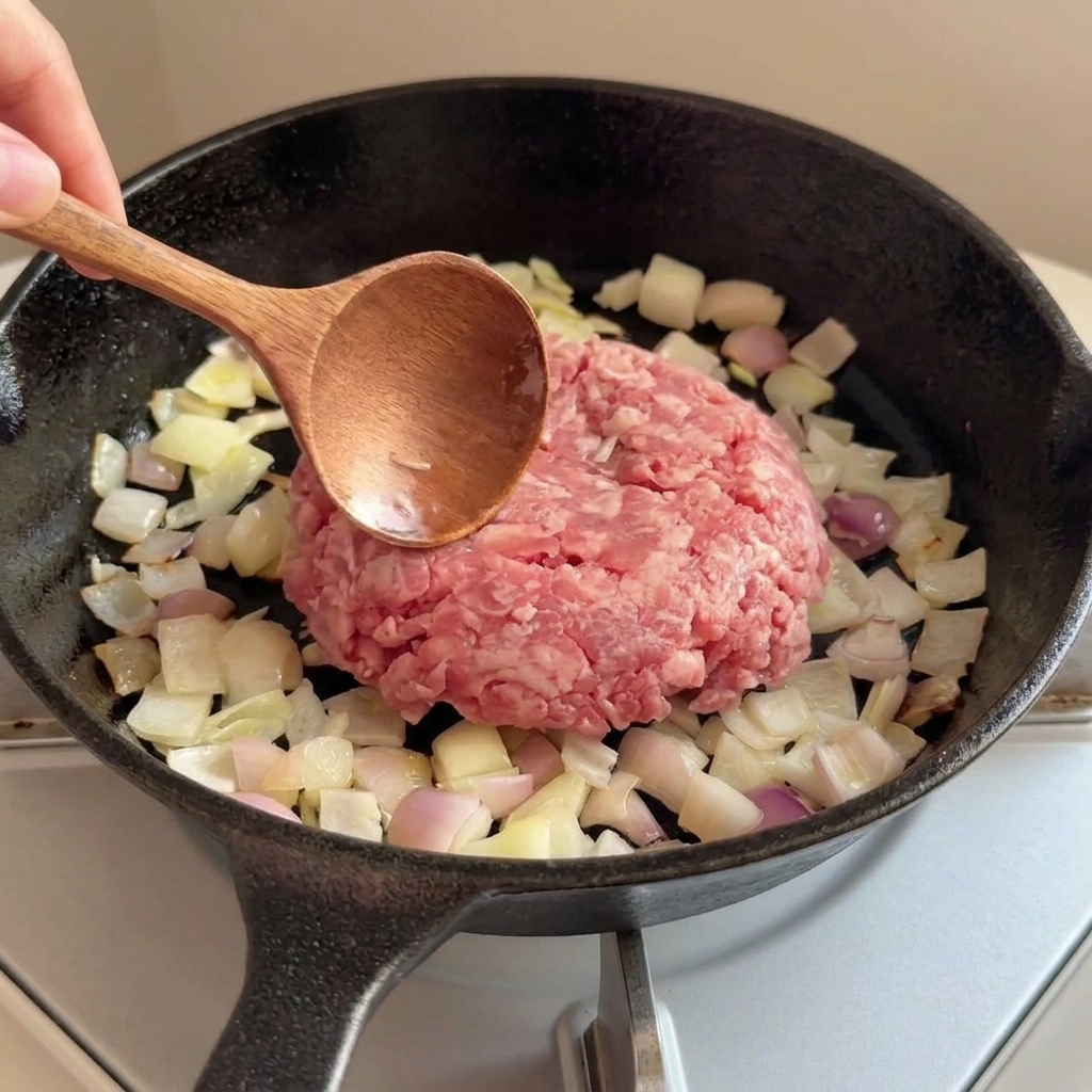 Carne bovina macinata cruda aggiunta sopra le cipolle soffritte in una padella nera.