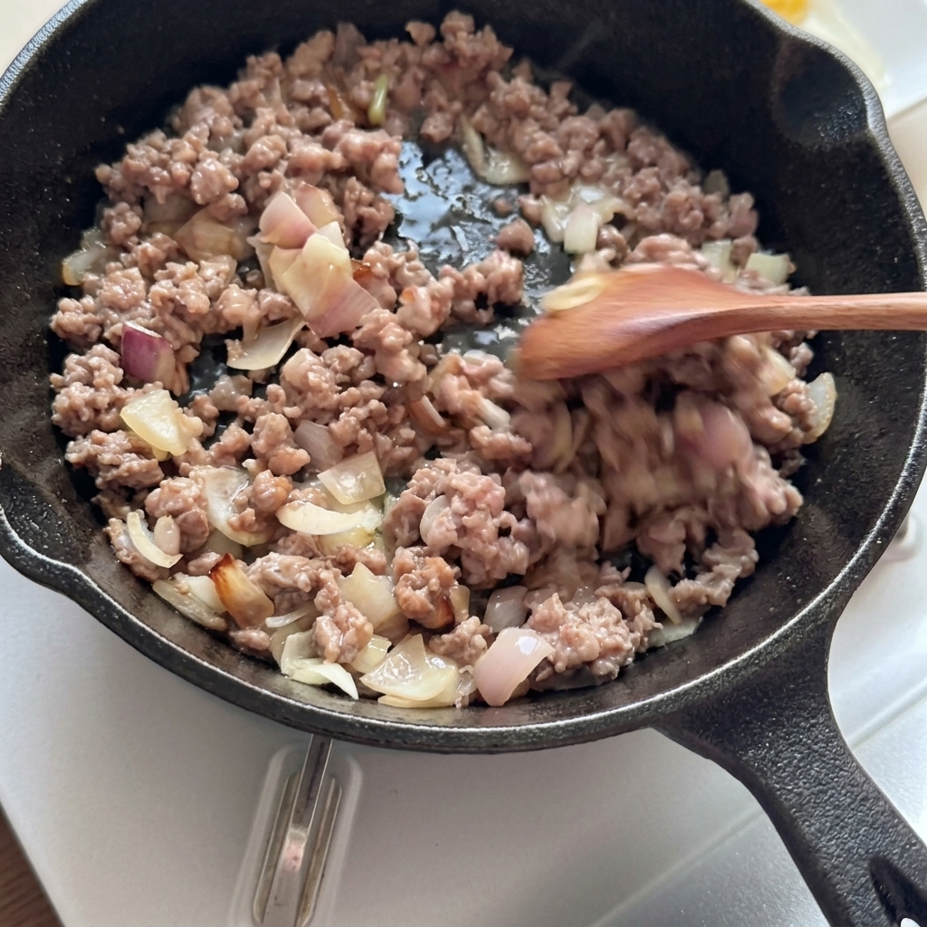 Carne macinata rosolata e cipolle mescolate in una padella di ghisa.