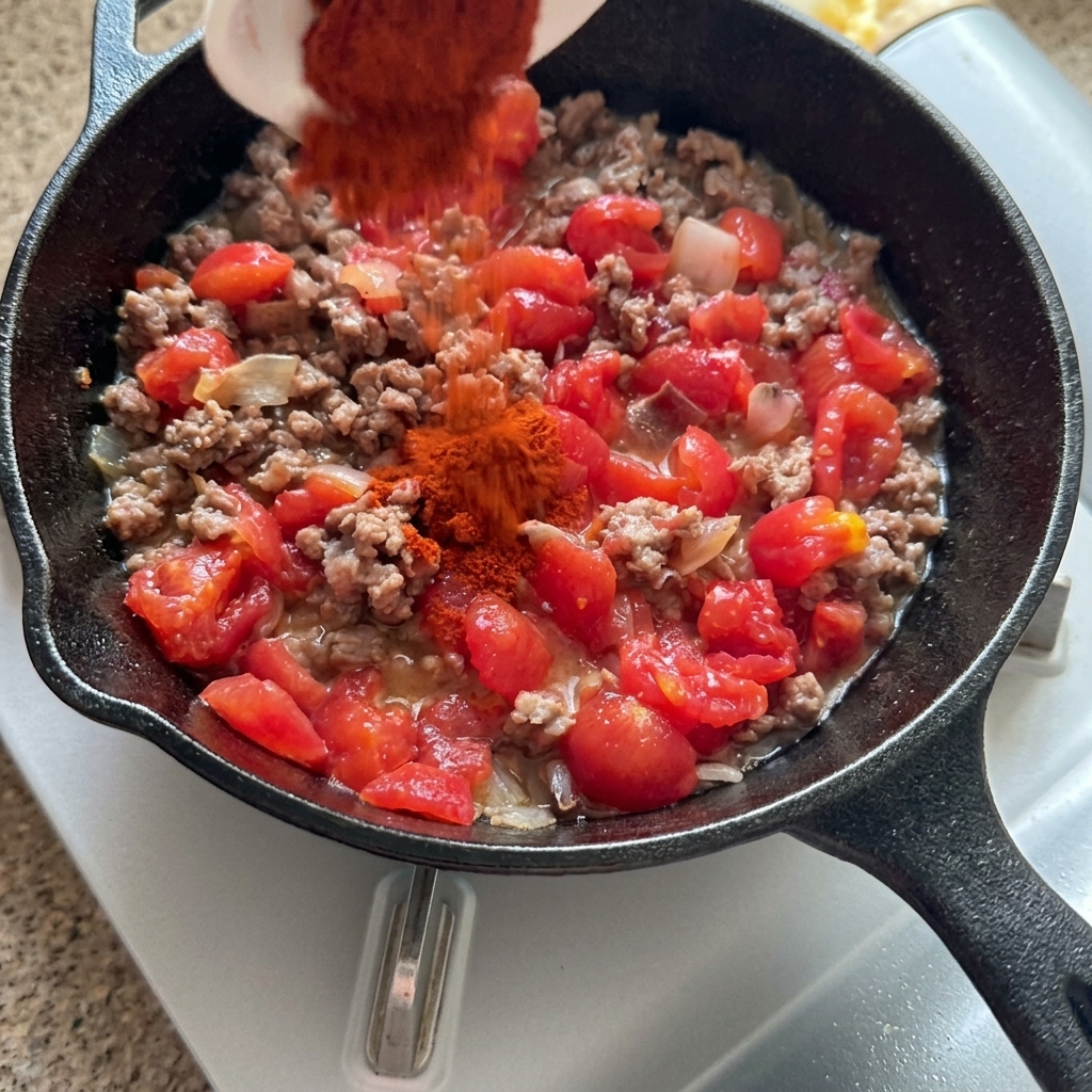 Aggiunta di paprika rossa in una padella con carne rosolata e pomodorini tagliati.