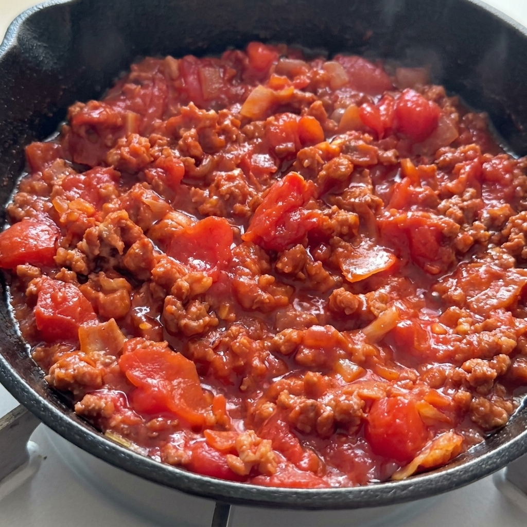 Un sugo di pomodoro e carne denso e saporito che sobbolle in una padella di ghisa.