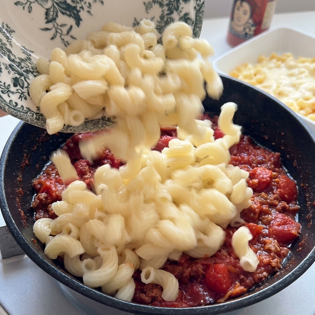 Maccheroni cotti versati da un piatto in una padella di ghisa con ragù di carne e pomodoro.